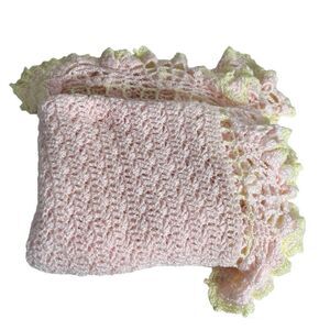 HANDMADE Baby Pink Blanket Yellow Trim Lacy Edge 46 x 54
